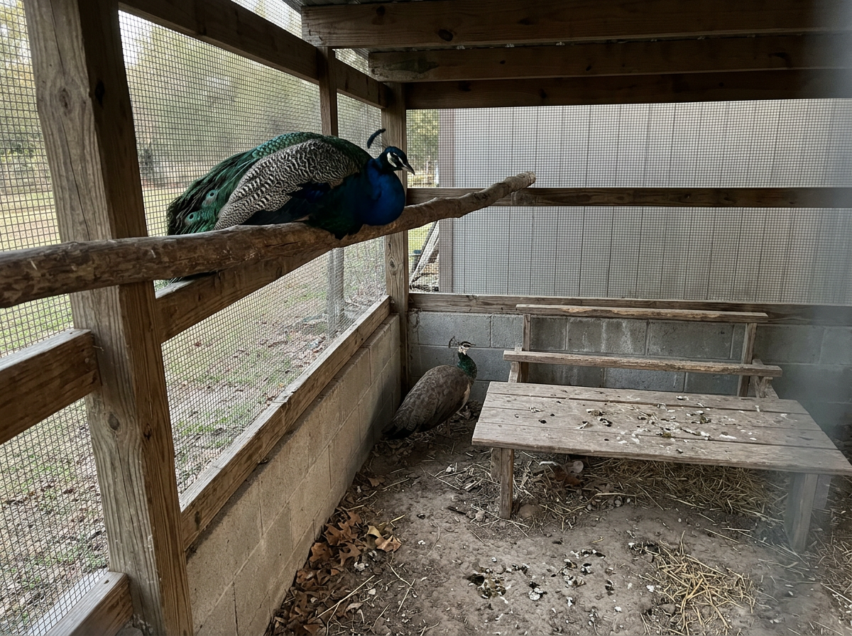 Indian peacock grips a high tree branch while roosting at dusk