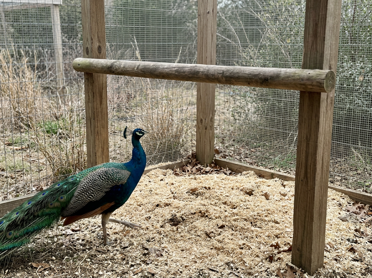 Peacock selects a higher, safer roost spot in an enclosure