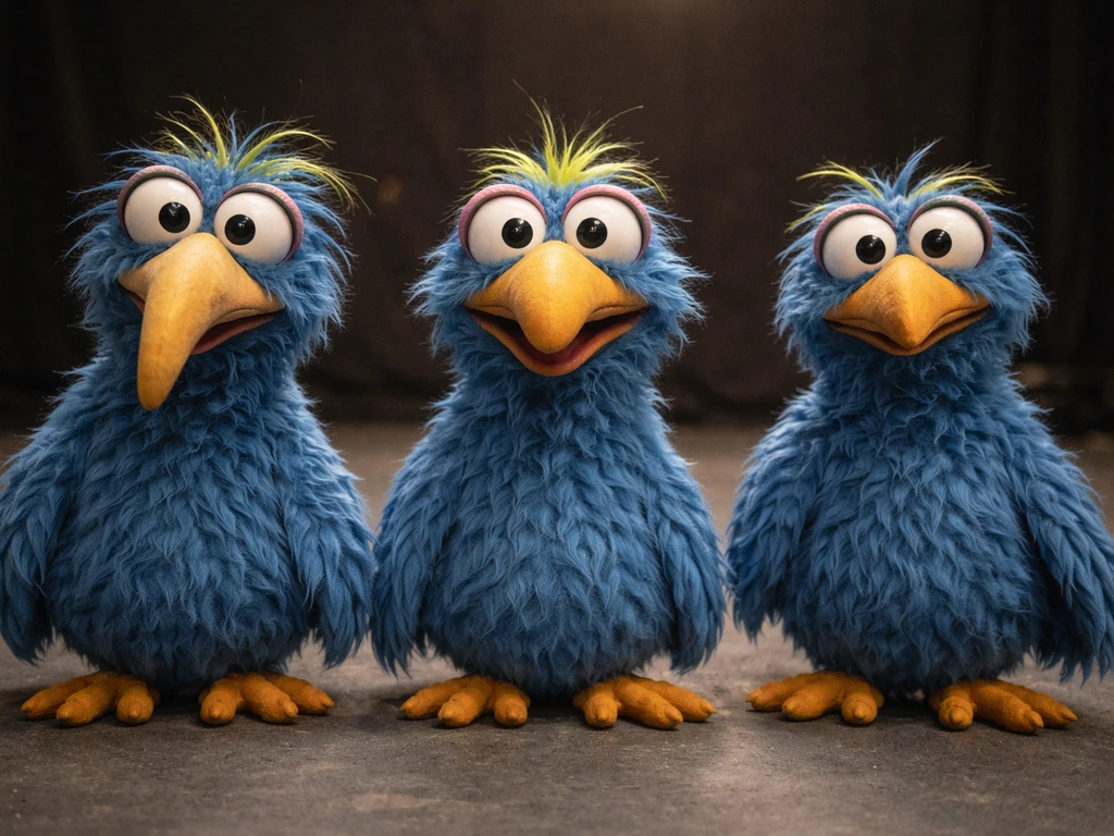 Three blue, beak-faced Muppet-like birds side-by-side on a plain studio stage background.