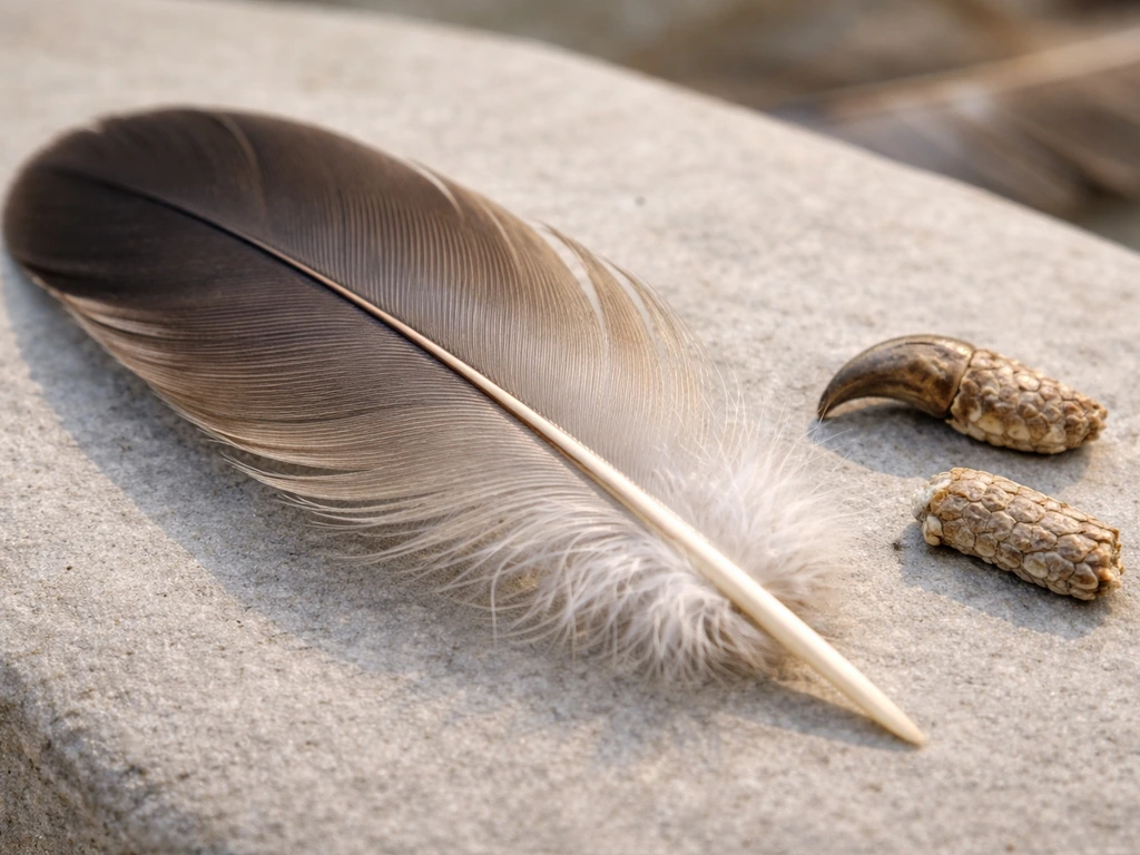Macro photo of a single feather with small natural keratin-like textures on a gray surface, minimal checklist feel