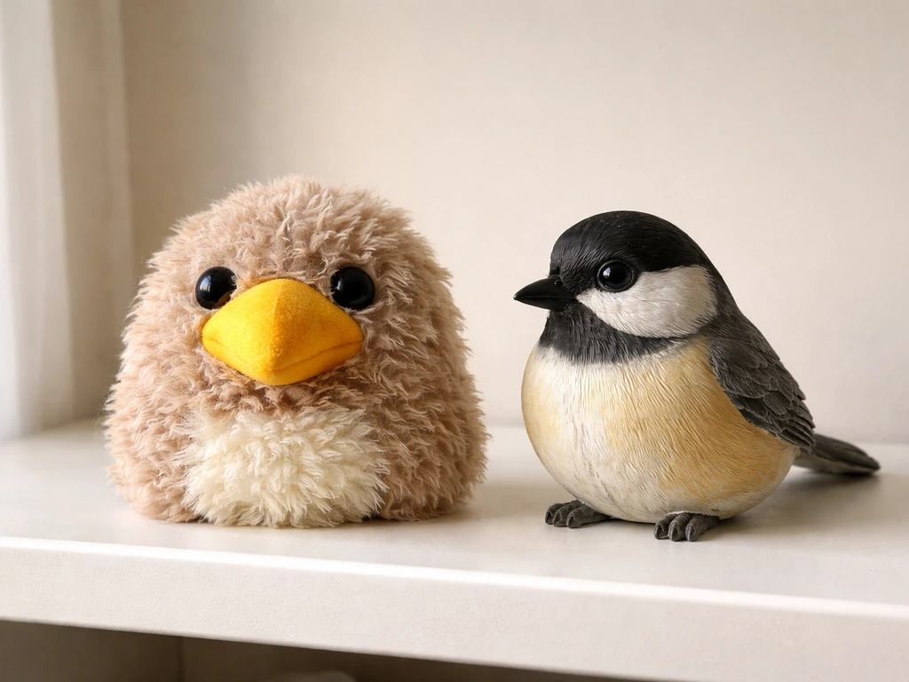 Side-by-side photo-style scene of a fuzzy bird-like puppet and an ordinary beak-nosed bird statue on a shelf