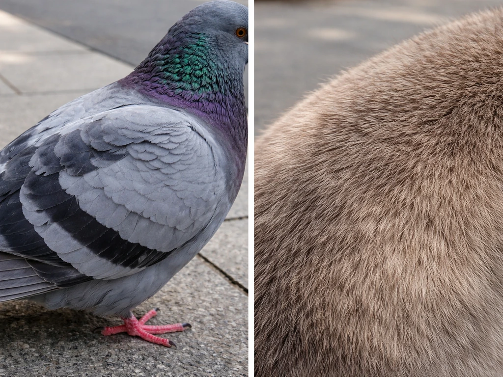 Close-up of a pigeon’s wing feathers beside a smooth, non-feather fur texture for clear contrast