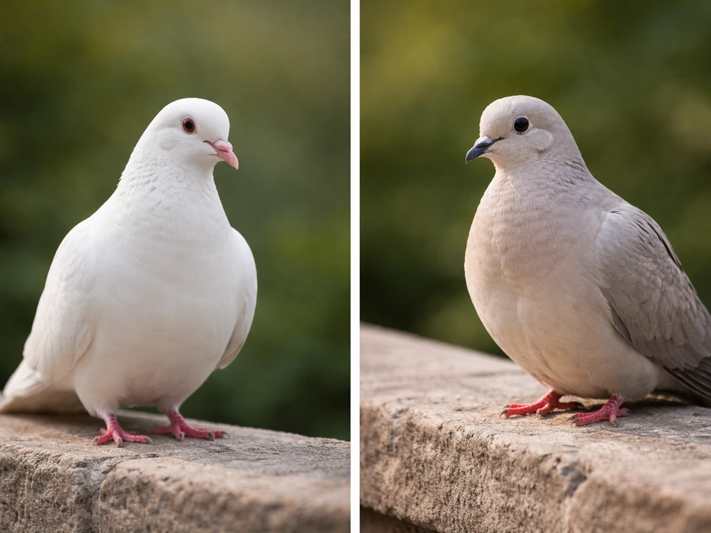Side-by-side photos of a pigeon and a dove perched quietly on a stone ledge.