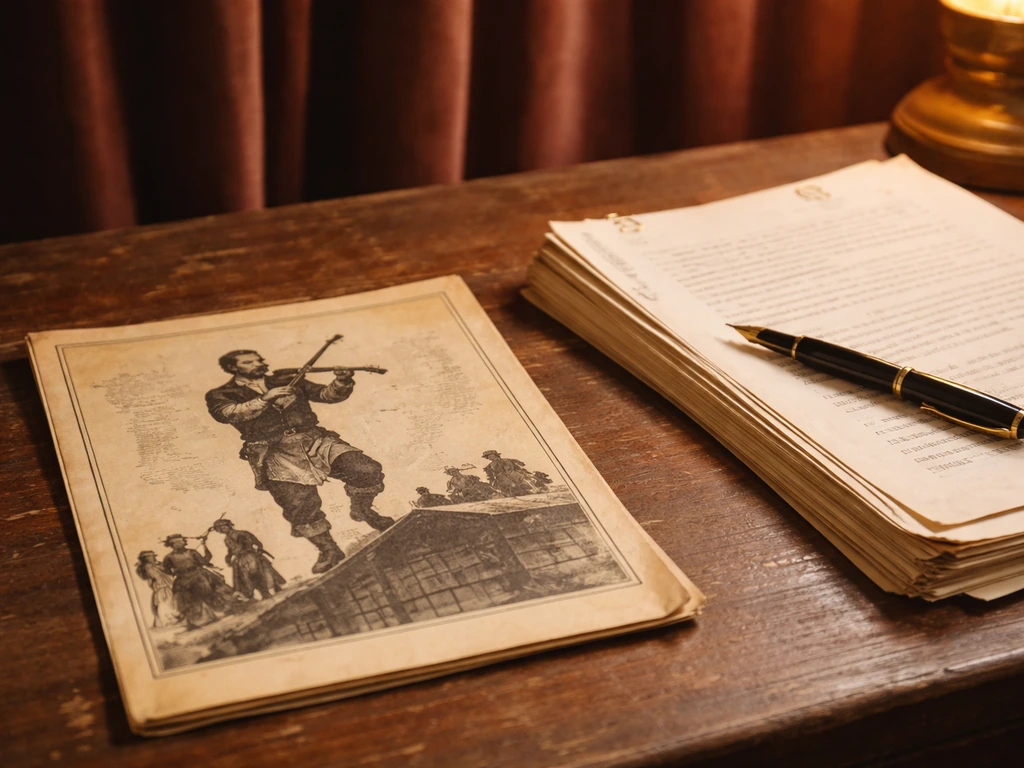 Vintage playbill and handwritten script pages on a wooden desk with soft curtain backdrop