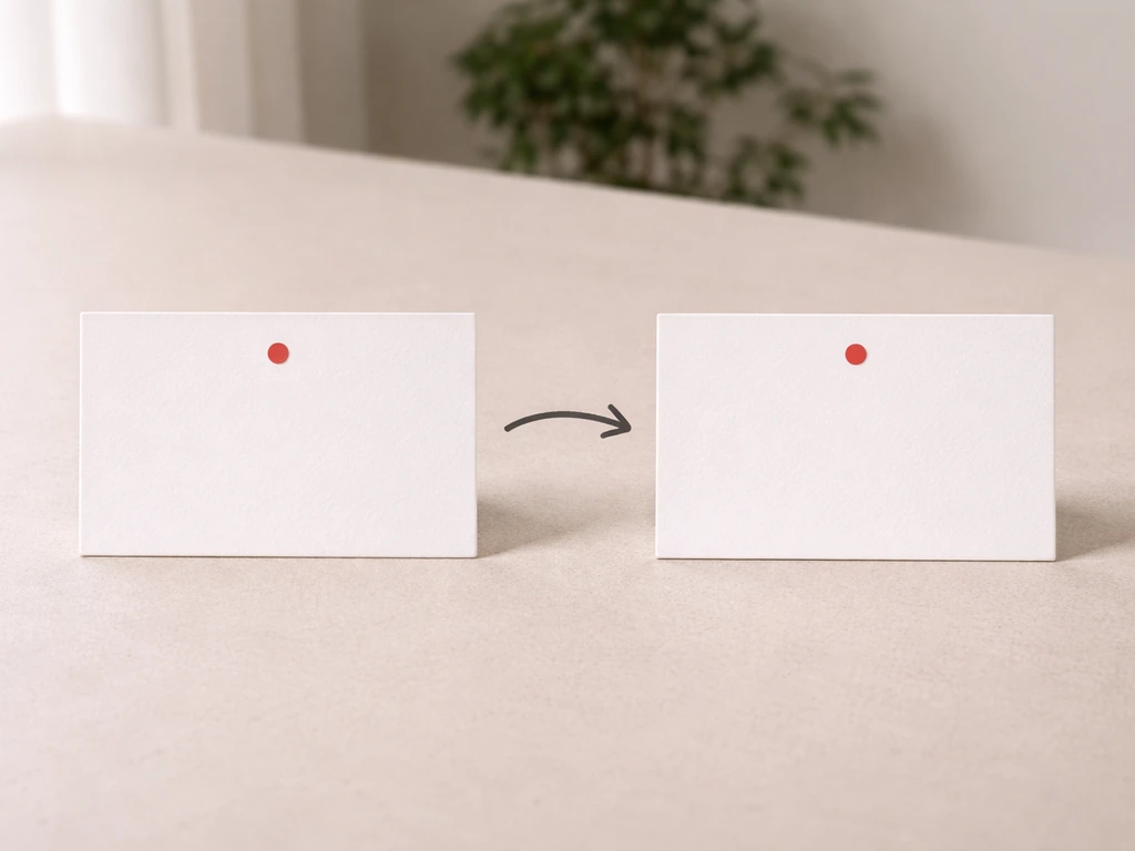 Minimal desk photo with two blank side-by-side cards and an arrow indicating flipped word order.