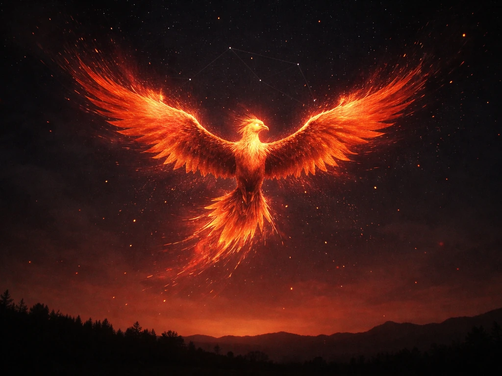 Ominous fire-lit phoenix above a minimal red-sky southern constellations scene, hinting at the Vermilion Bird question
