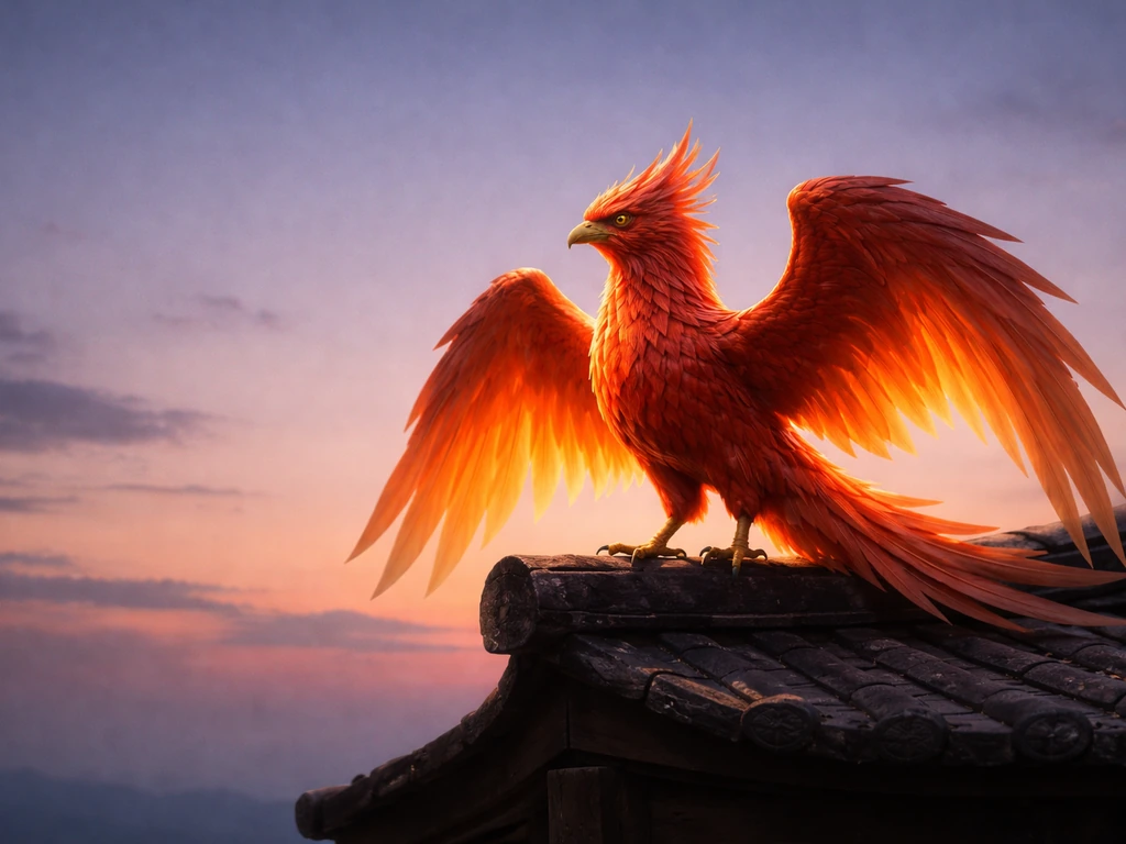 Red-orange mythic guardian bird under twilight sky, symbolizing the Vermilion Bird.