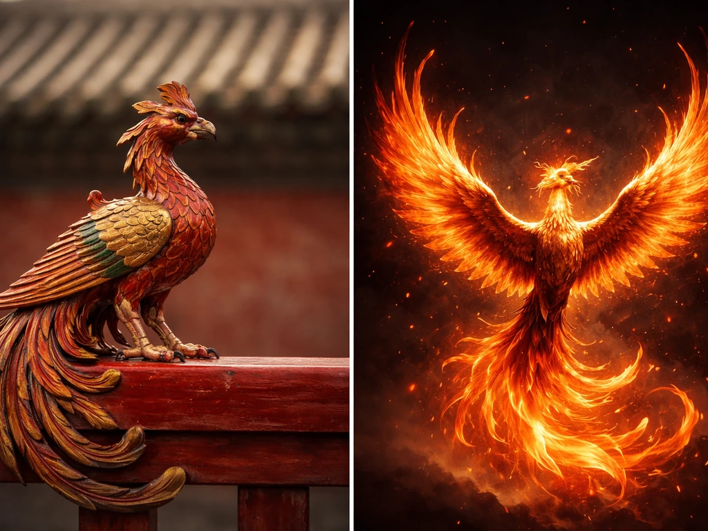 Split image: calm vermilion bird on red ledge vs phoenix with fiery glow, showing they differ.