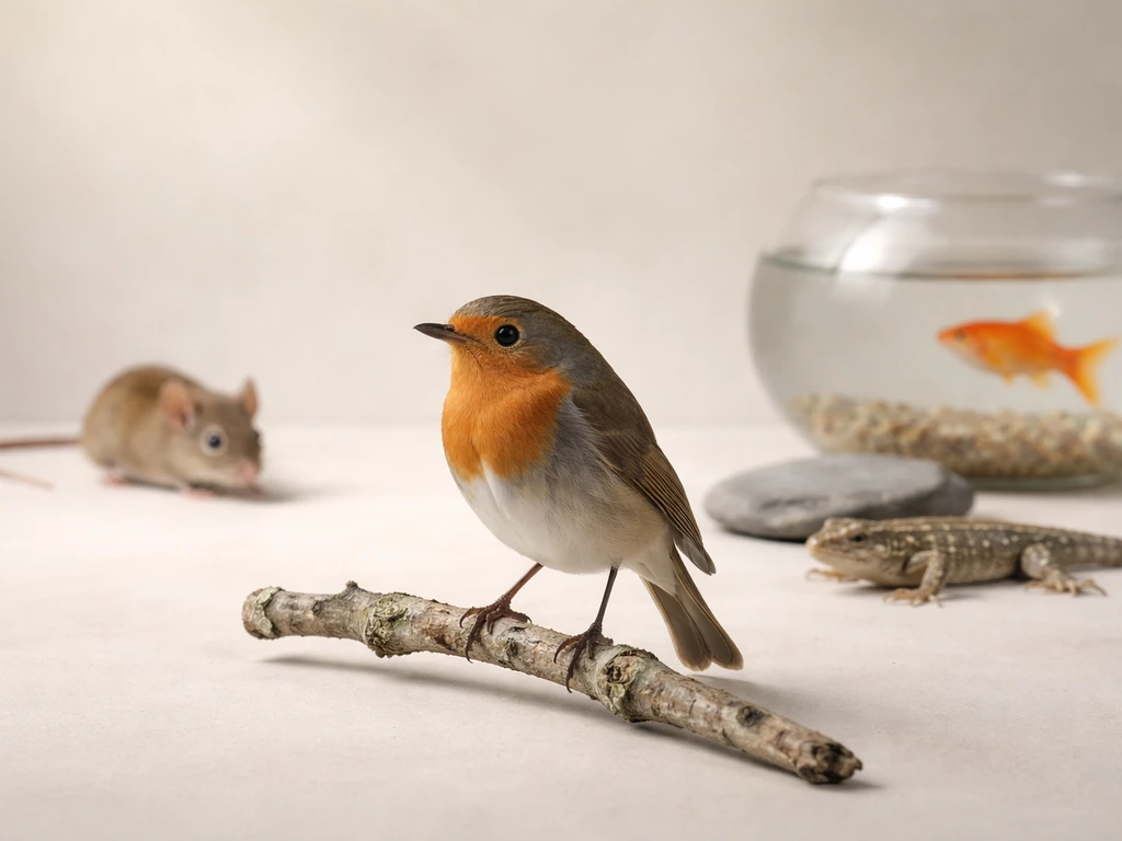 A perched bird with a mouse, lizard, and fish in a minimal, tidy studio-style contrast scene.