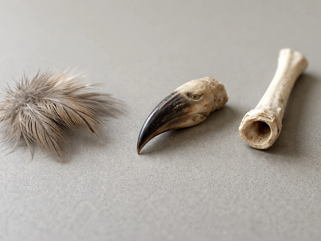 Close-up of feathers, a beak-shaped tip, and hollow-bone detail next to each other on a neutral background.