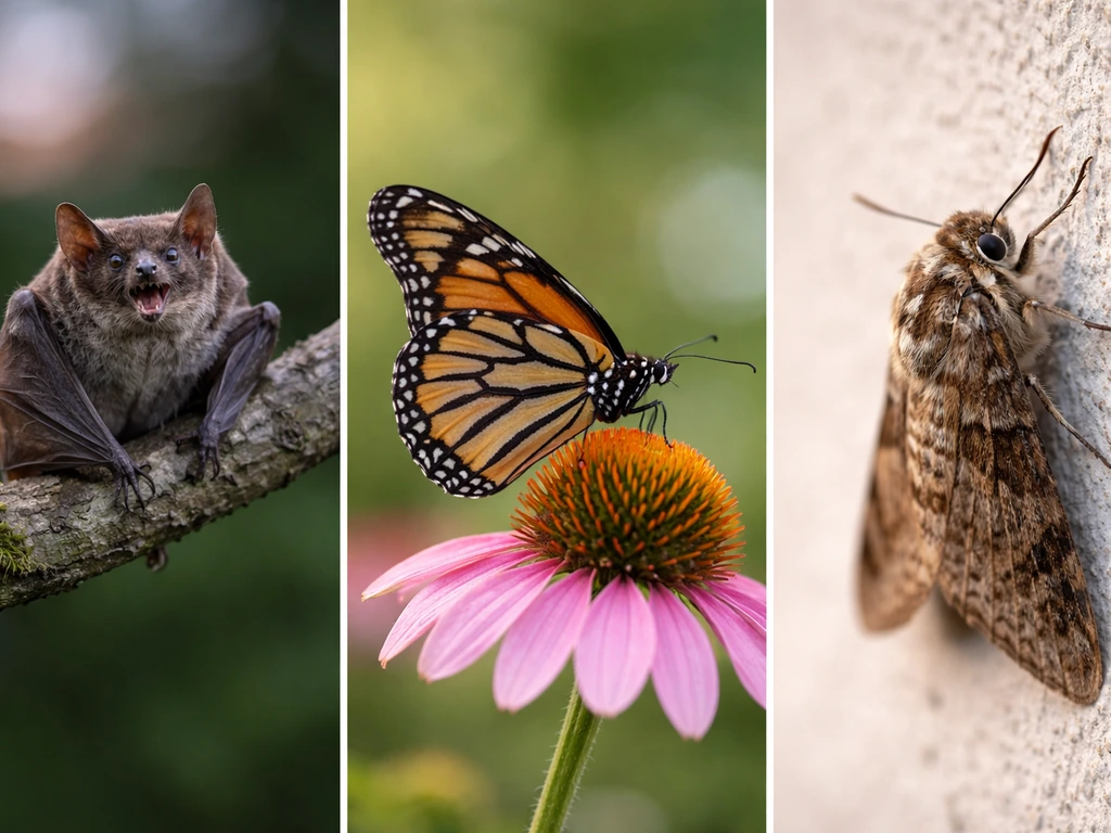 Bat perched on a branch beside insect-like lookalikes, set in simple natural backgrounds.