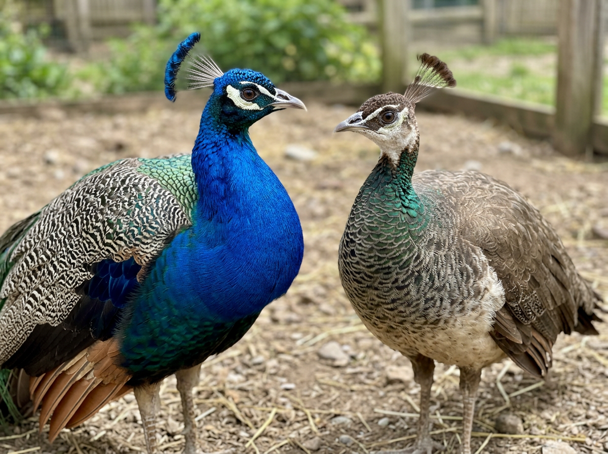 Side-by-side view of peacock vs peahen features for confirming sex before troubleshooting.
