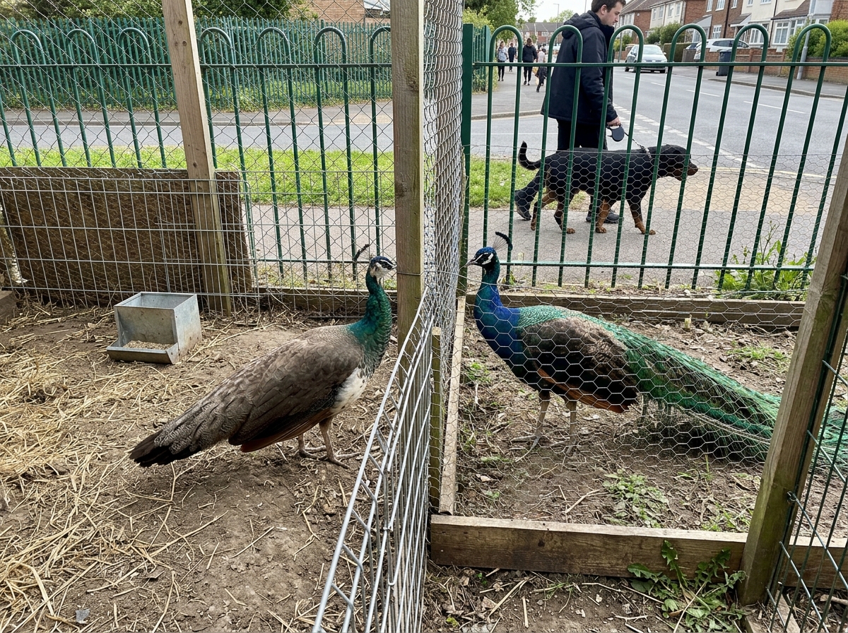 Peahen near a shelter with morning light to illustrate season and day-length effects.