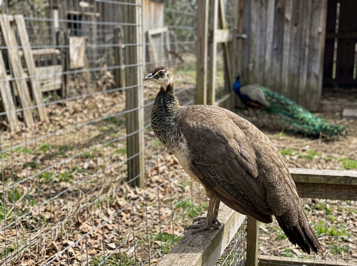 Peafowls in a stressed, crowded enclosure area illustrating how housing affects egg laying.