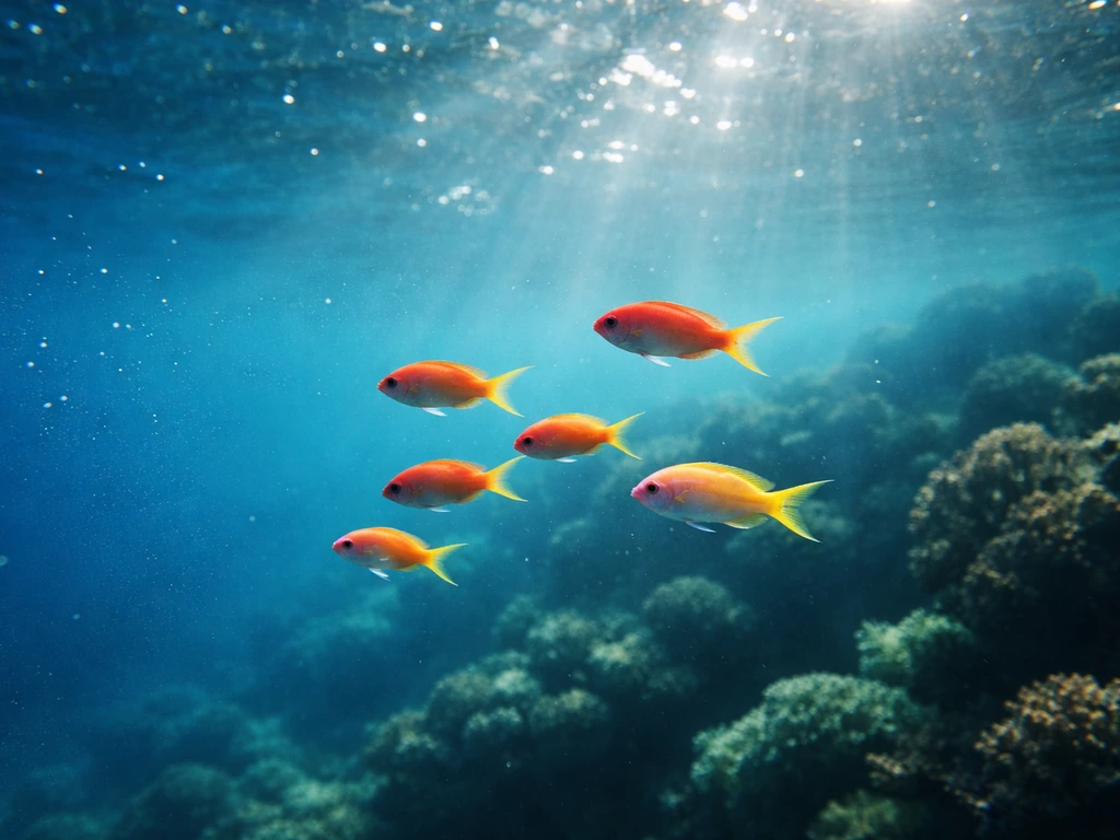 Colorful school of fish swimming near a coral reef underwater with sunlight filtering in