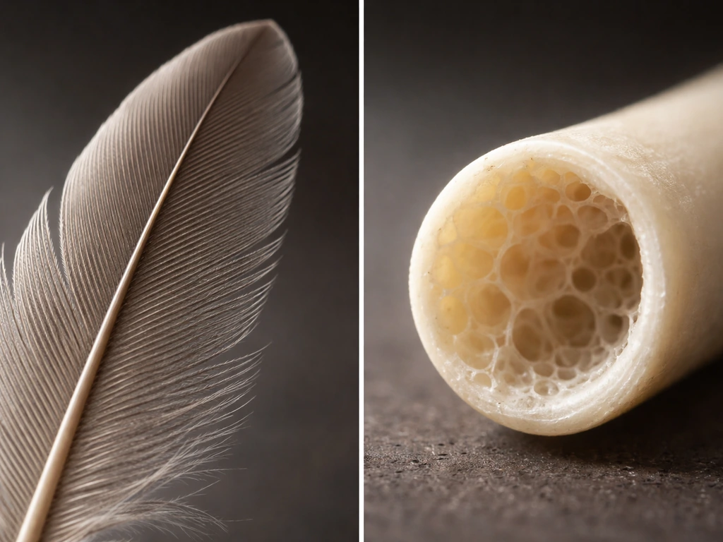 Macro view of a feather beside a subtle hollow-bone cross-section look, showing bird-defining traits.