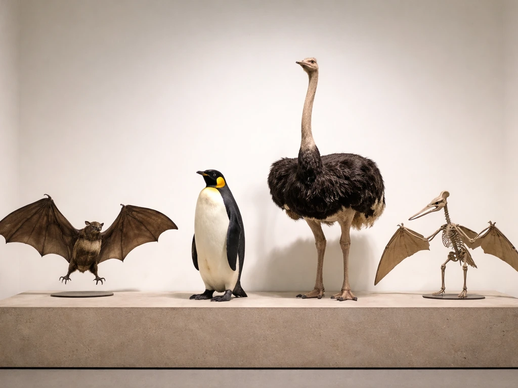 Bats, penguins, ostrich, and a pterosaur model arranged in a clean museum-style exhibit scene.