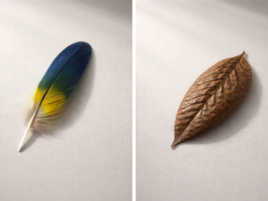 Close-up of a feather next to a smooth scale-like leaf, split view for a bird-vs-not-bird test.