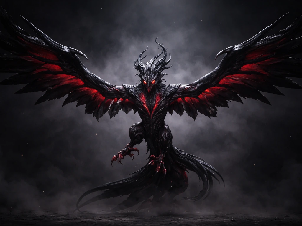 A fictional dark winged creature spreads its wings dramatically in a minimal, smoky dark setting.