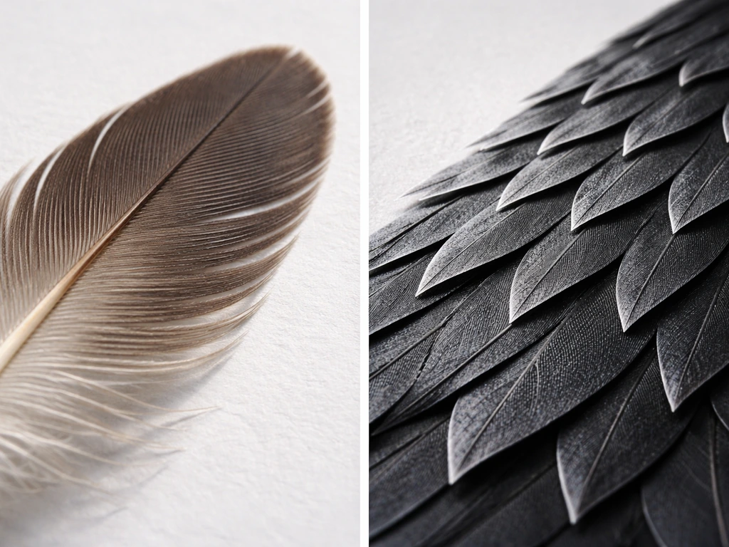 Close-up of detailed bird feather structure beside a non-feather wing-like scale texture on a neutral background