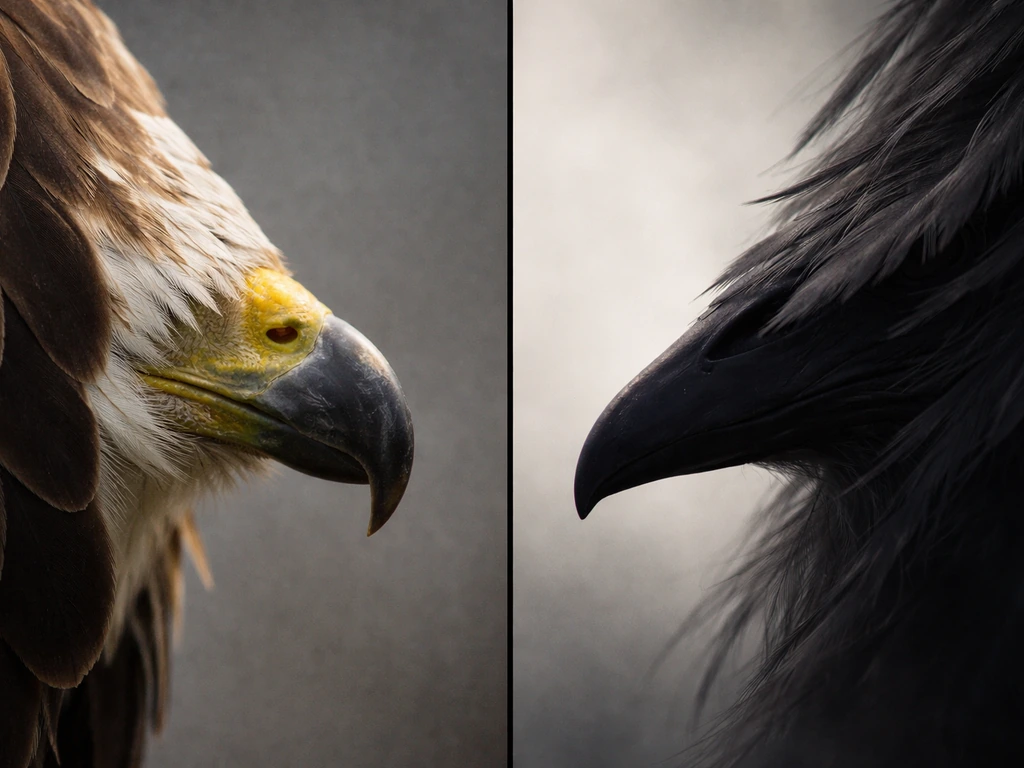 Split-frame photo showing an eagle feather-and-beak detail beside a dark, synthetic-feather pattern resembling Yveltal