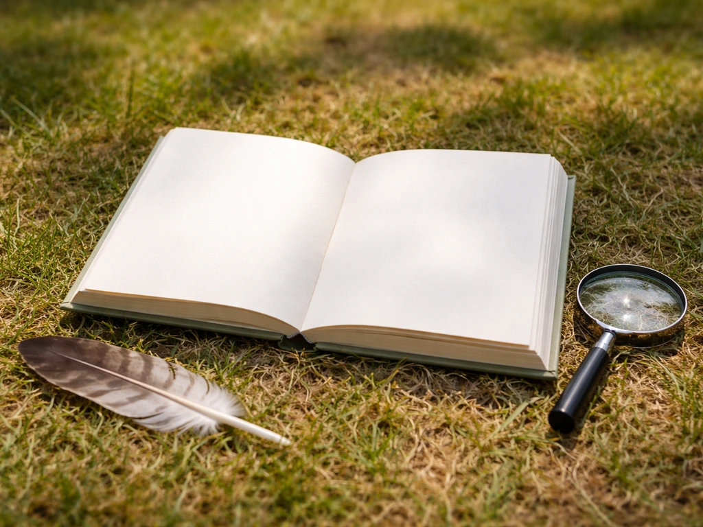 Field guide book, magnifying glass, and a single feather on grass for inspecting bird-like traits.