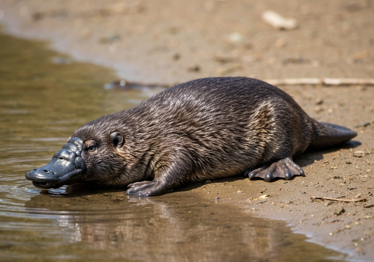 Platypus on a riverbank with dense fur, showing it is not a bird.