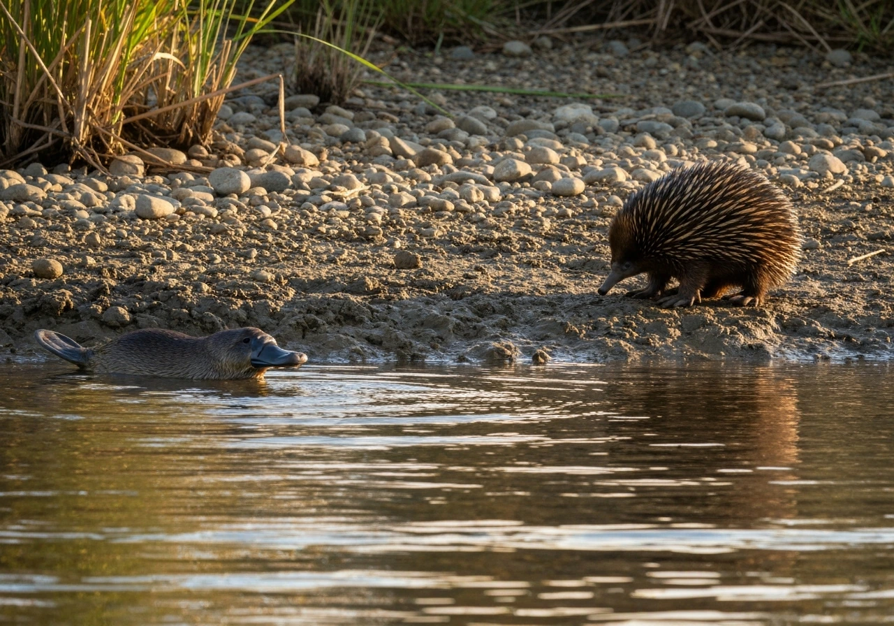 Minimal natural-history scene: a platypus and an echidna near a small riverbank, suggesting monotremes among mammals.