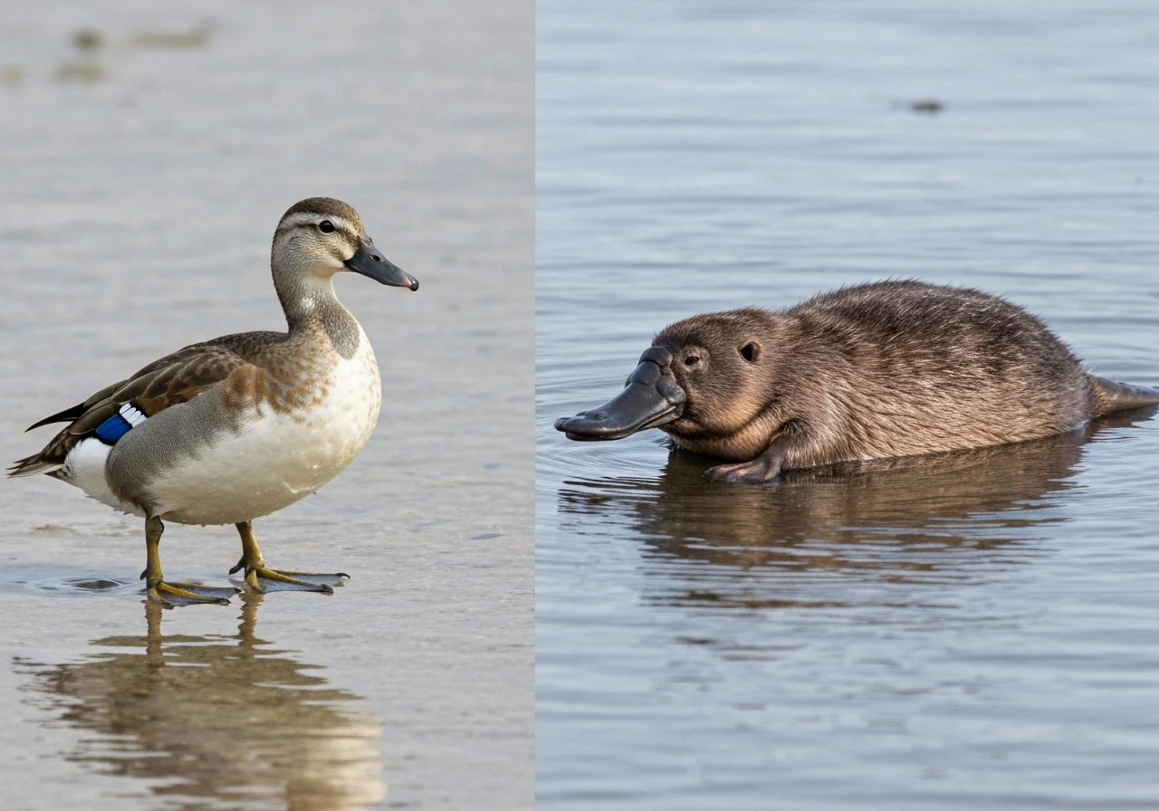 A bird and a platypus stand side-by-side by shallow water, feathers and dense fur visible.