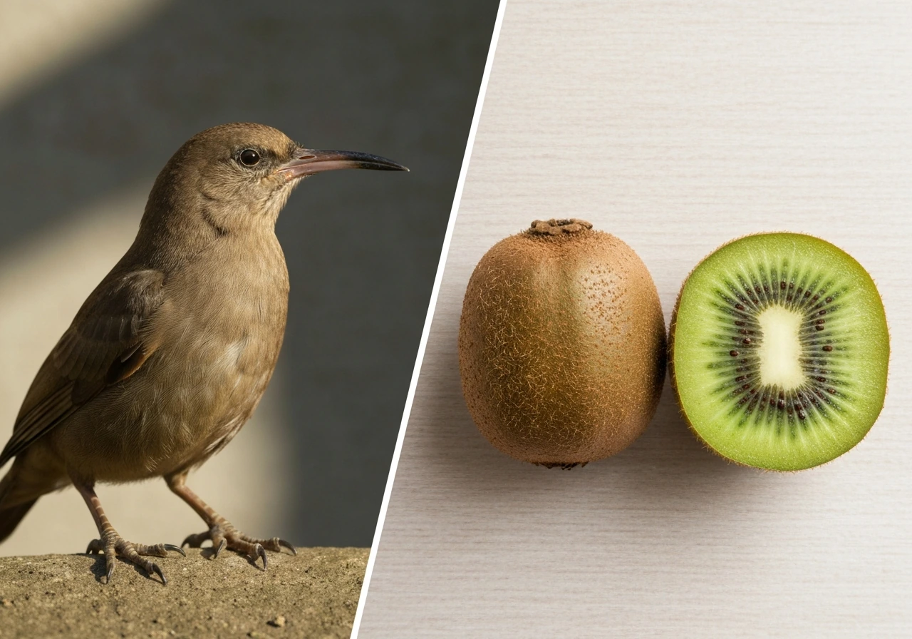 Two-panel style photo: fuzzy kiwi fruit and a kiwi bird close-up, emphasizing both share the word 'kiwi'.