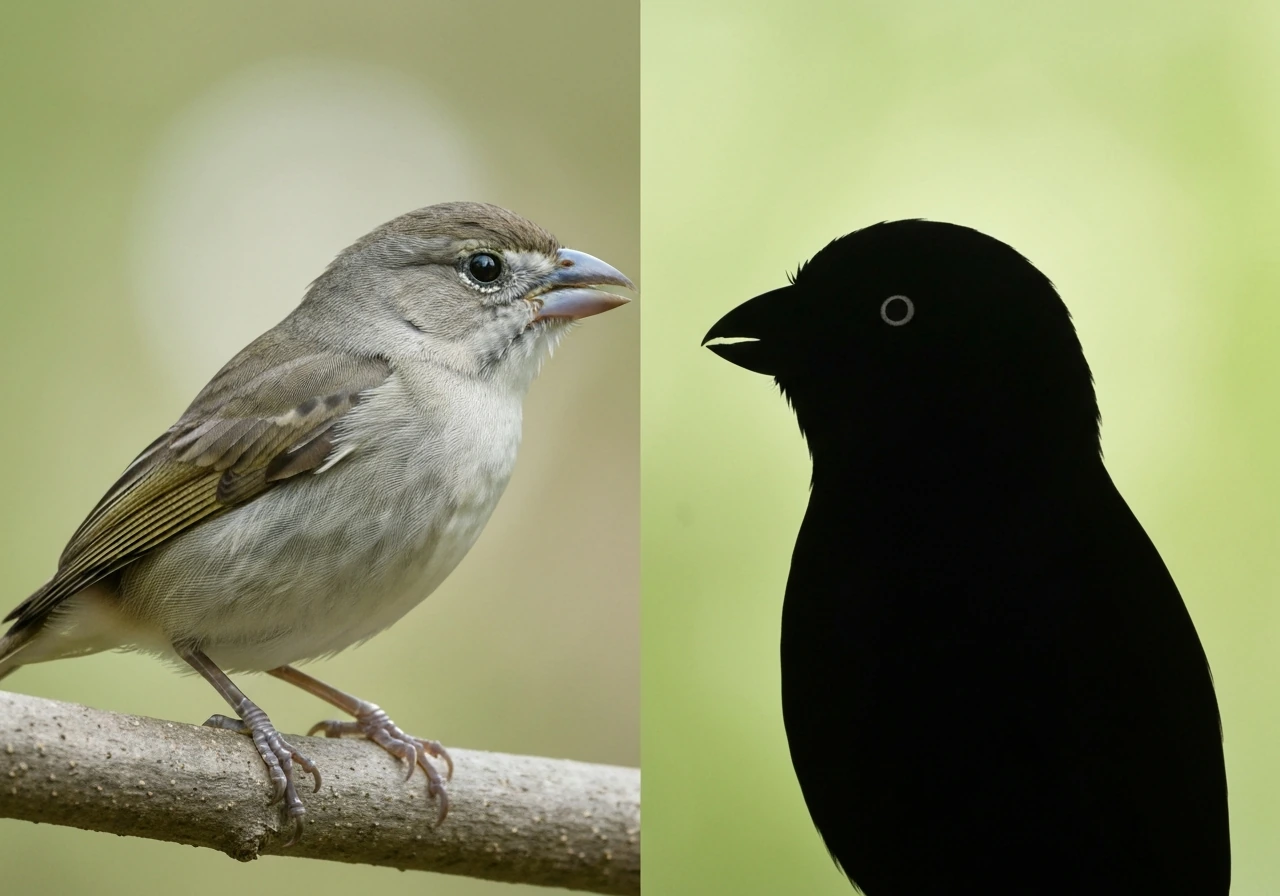 Side-by-side: realistic toothless-beak bird with clear feather texture next to a fictional Punpun-like bird form.