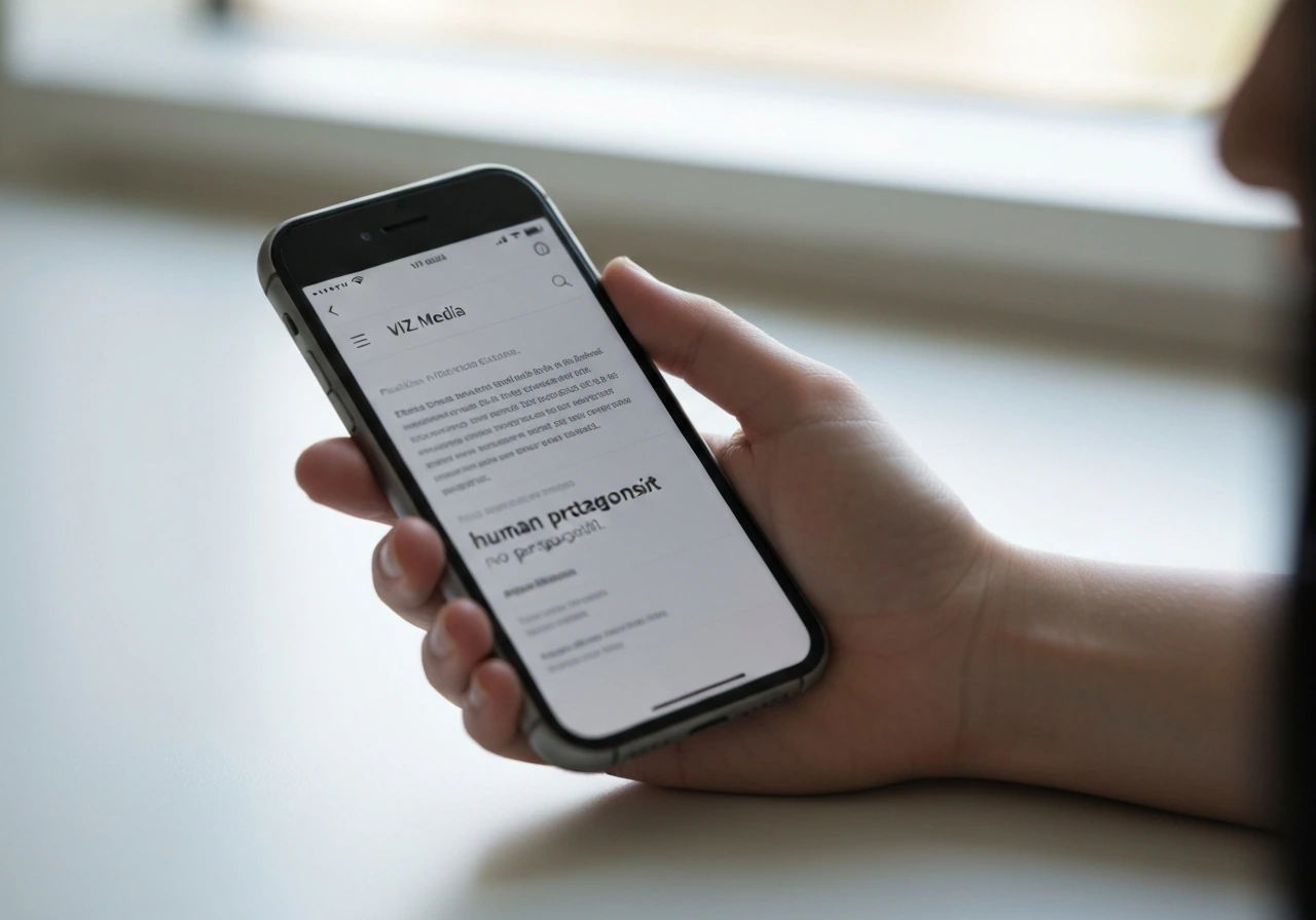 Close-up of a smartphone showing an official publisher page excerpt with “human protagonist” wording