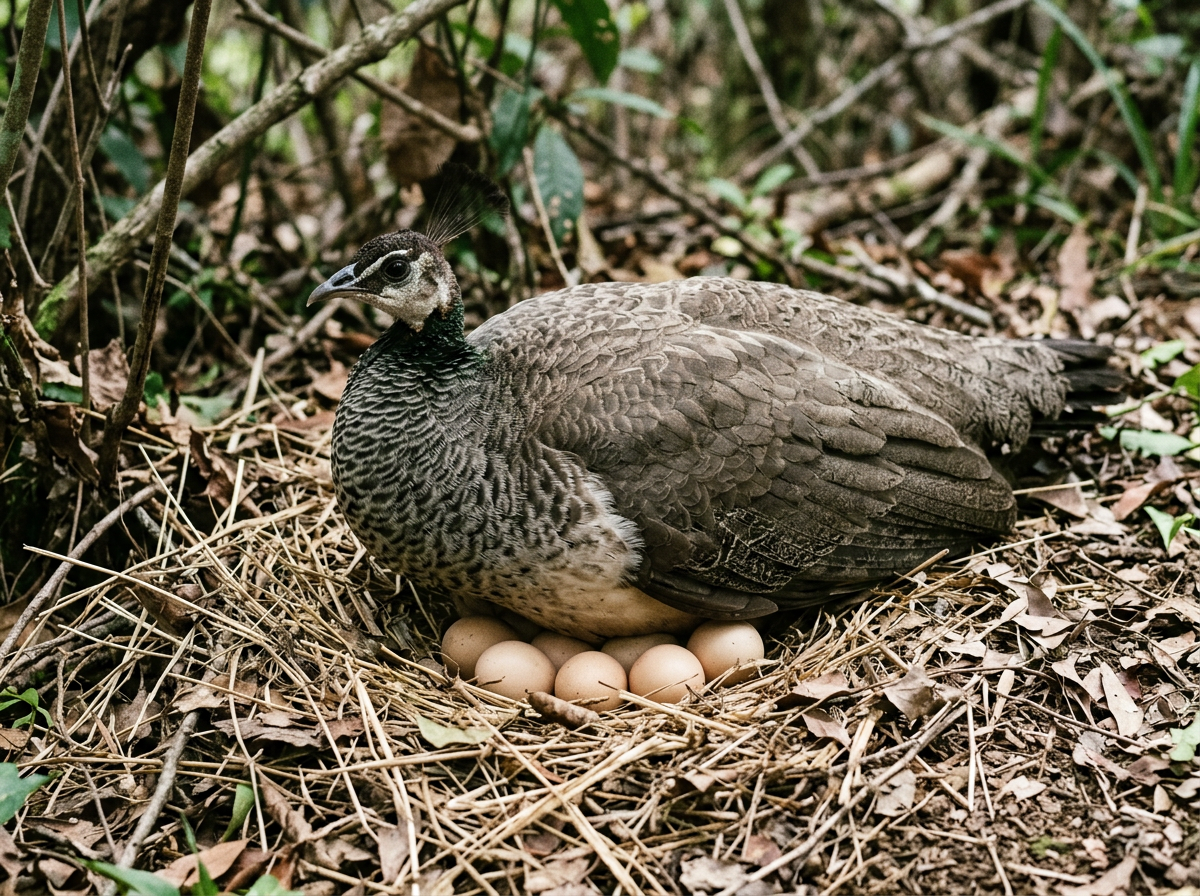 Peacock and peahen identification: male shows tail display while female looks plainer