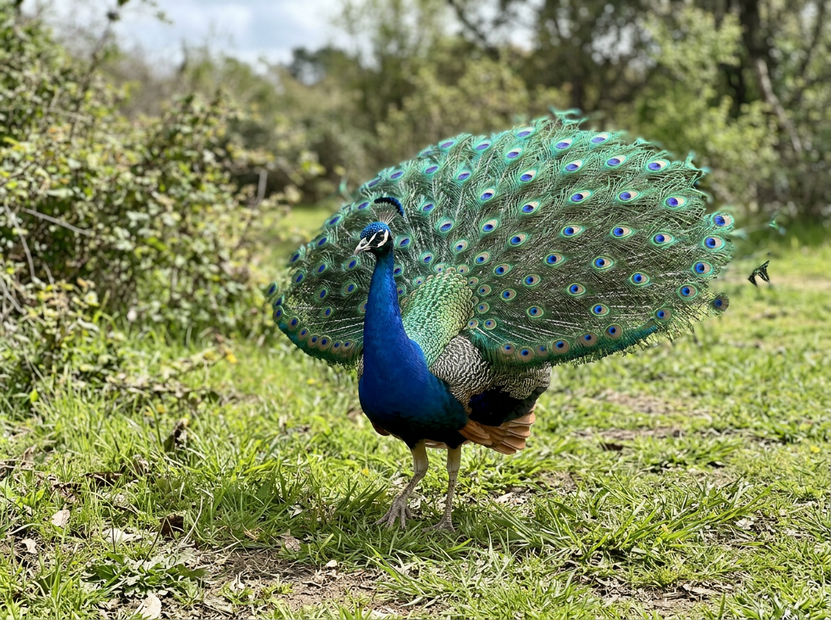 Peahen laying eggs in nesting area