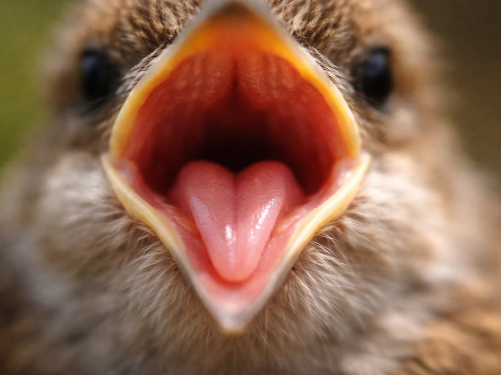 Macro view of a bird’s tongue and tongue base visible through an open beak