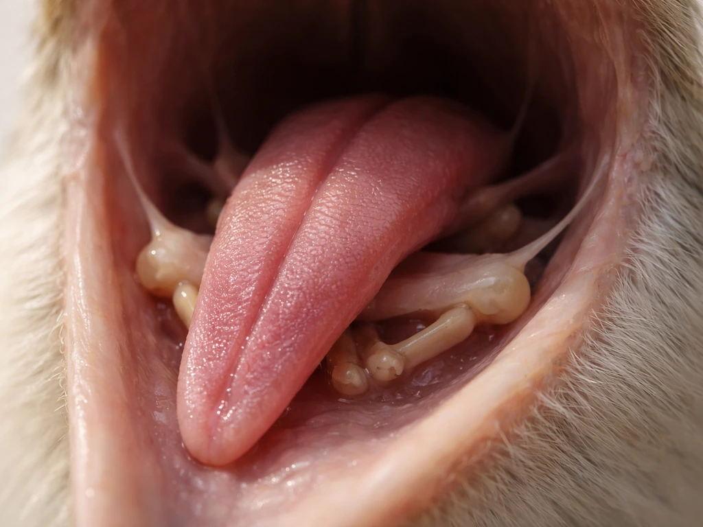 Macro view of a bird tongue and nearby hyoid supports in the mouth area, minimal background.