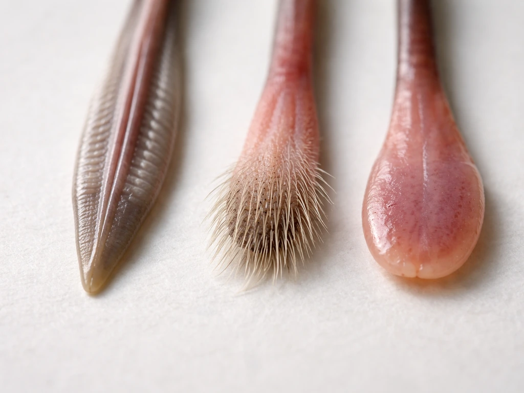 Close-up macro of three different bird tongues on a neutral background, showing groove, brush, and paddle-like shapes