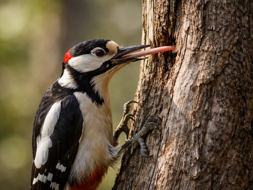 Close-up of a woodpecker feeding as its long brush-tipped tongue extends beyond the beak