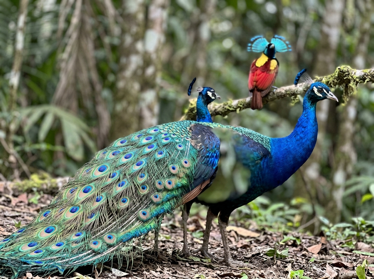 Peacock vs bird-of-paradise comparison with clear differences in body and plumage