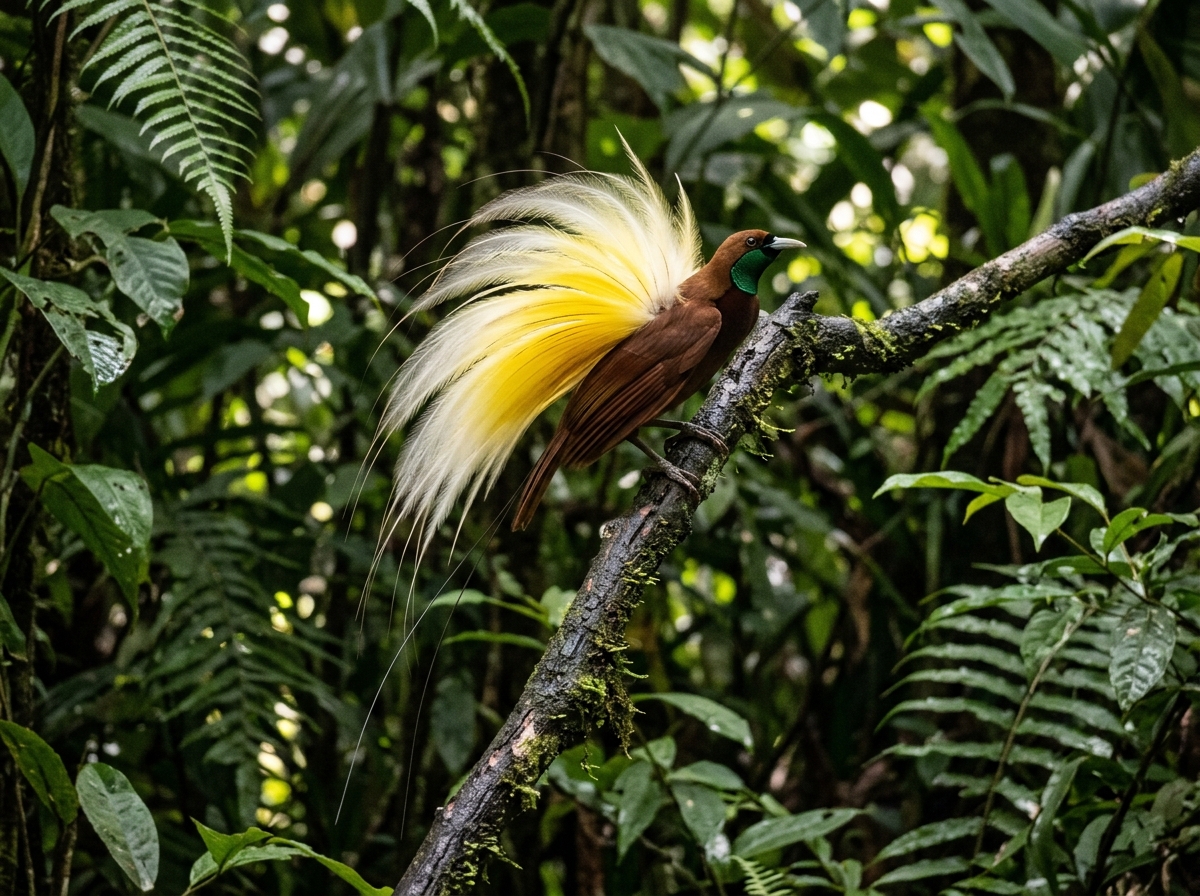 Peacock and bird-of-paradise shown side-by-side to compare courtship and appearance