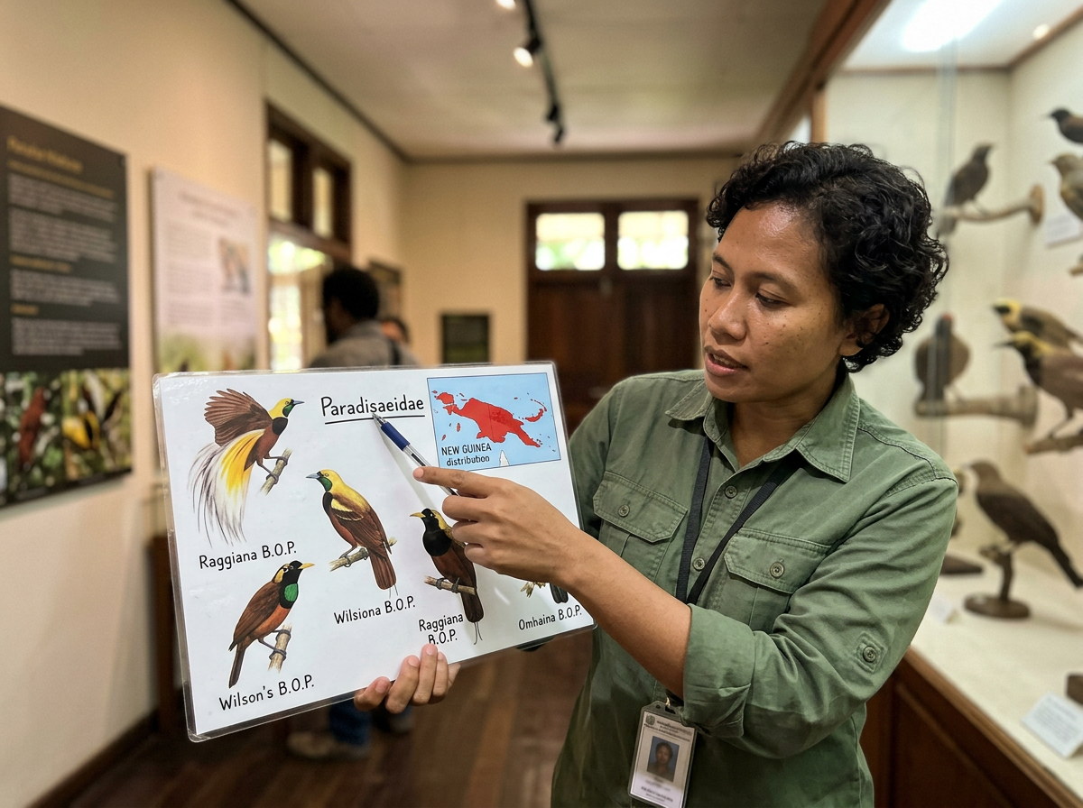 Bird-of-paradise in habitat showing species-specific ornamental plumage extensions