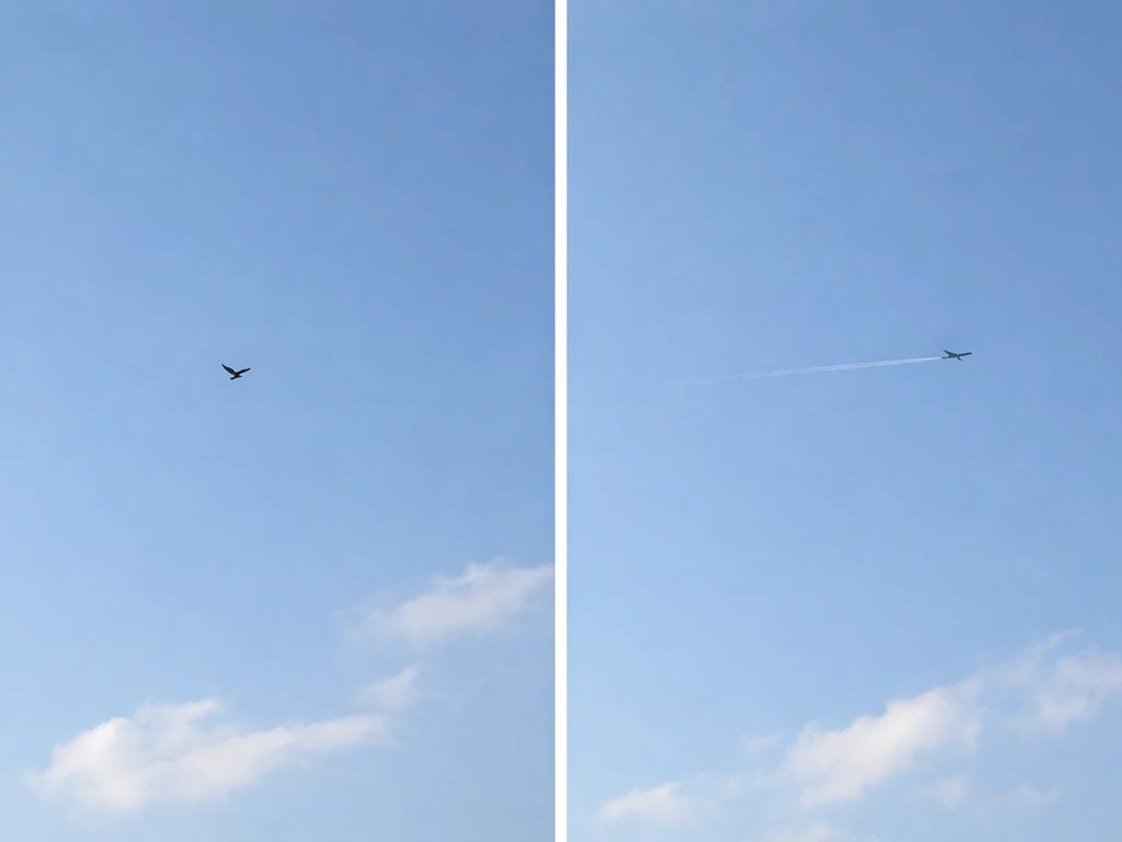 Minimal split-sky image comparing a distant bird-like silhouette vs a plane-like silhouette.