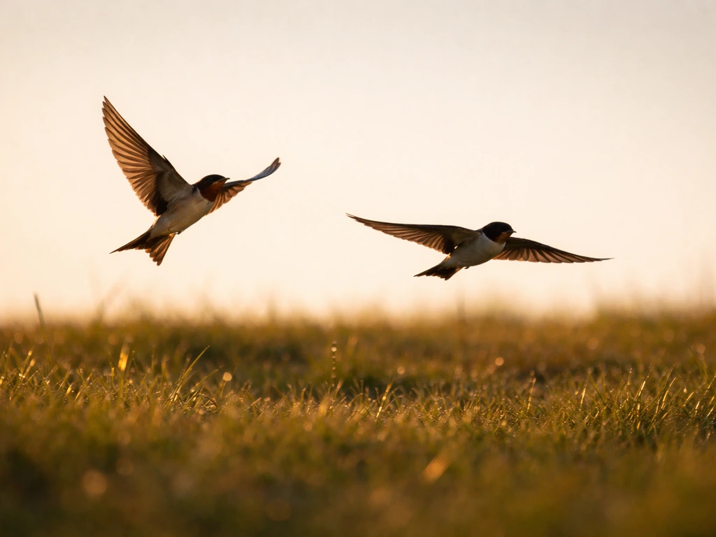 Two birds in flight above a quiet field, captured to emphasize shape and wing movement cues.