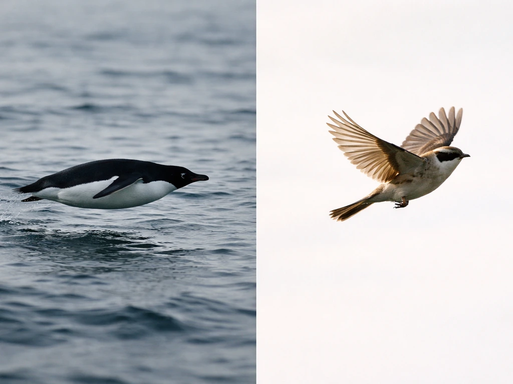 Side-by-side birds in flight: a penguin gliding over water and a small flying bird in open sky.