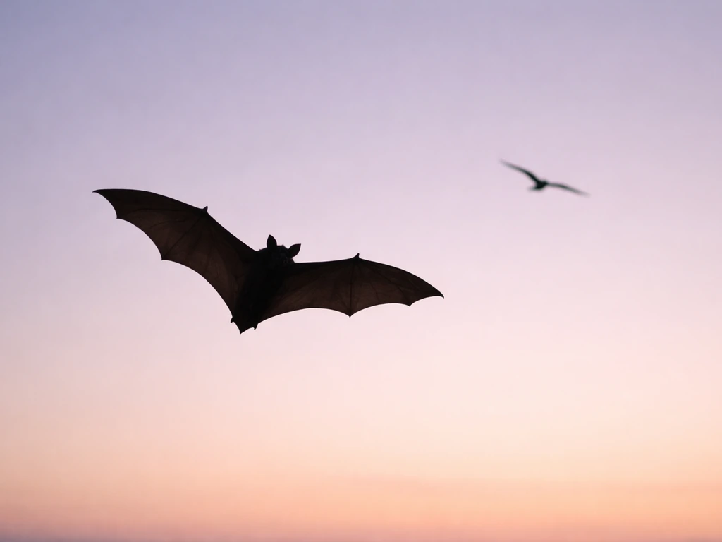 Bat flying at dusk with a bird gliding nearby, showing different wing shapes.