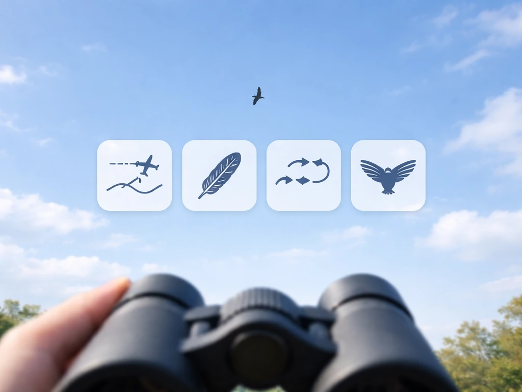 Blue sky with a distant bird silhouette and four minimal field-check icons beside binoculars for fast ID.