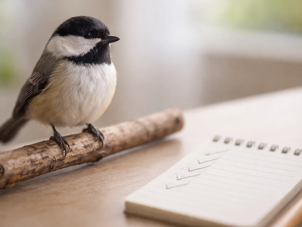 Close-up of a perched bird beside an unmarked checklist notepad with check marks.