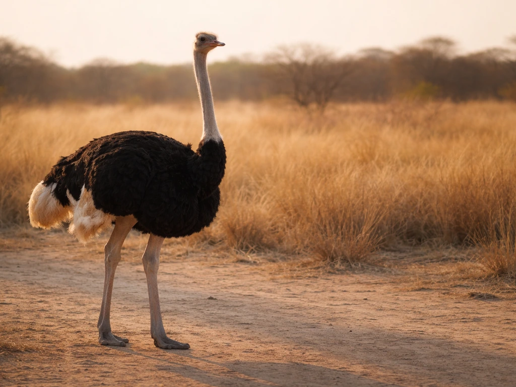 An ostrich standing on sandy savanna ground, showing flightless body and feathering.
