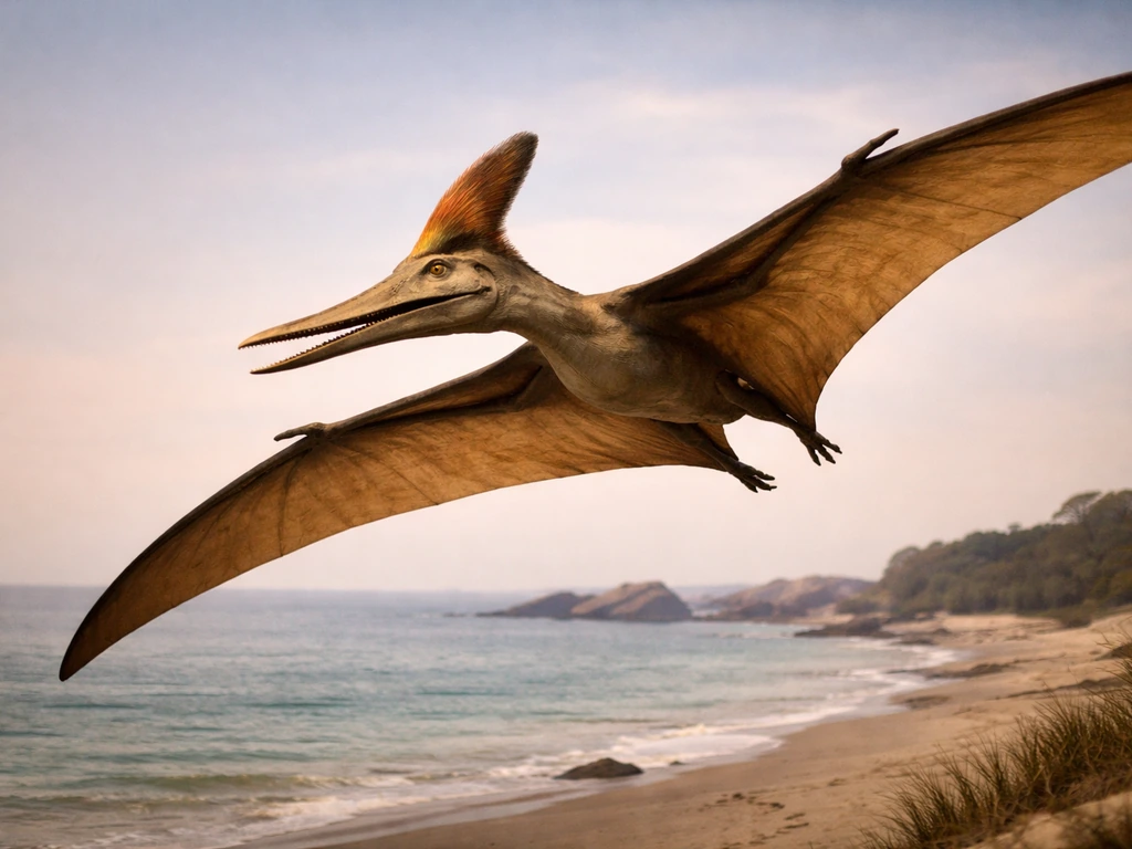 A realistic pterosaur museum diorama gliding above a quiet prehistoric shoreline, wings stretched and reptile features v
