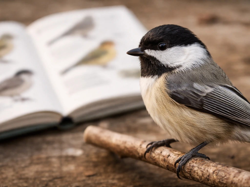 Close-up of a small bird’s feathers and beak beside a natural-history field photo in soft daylight.